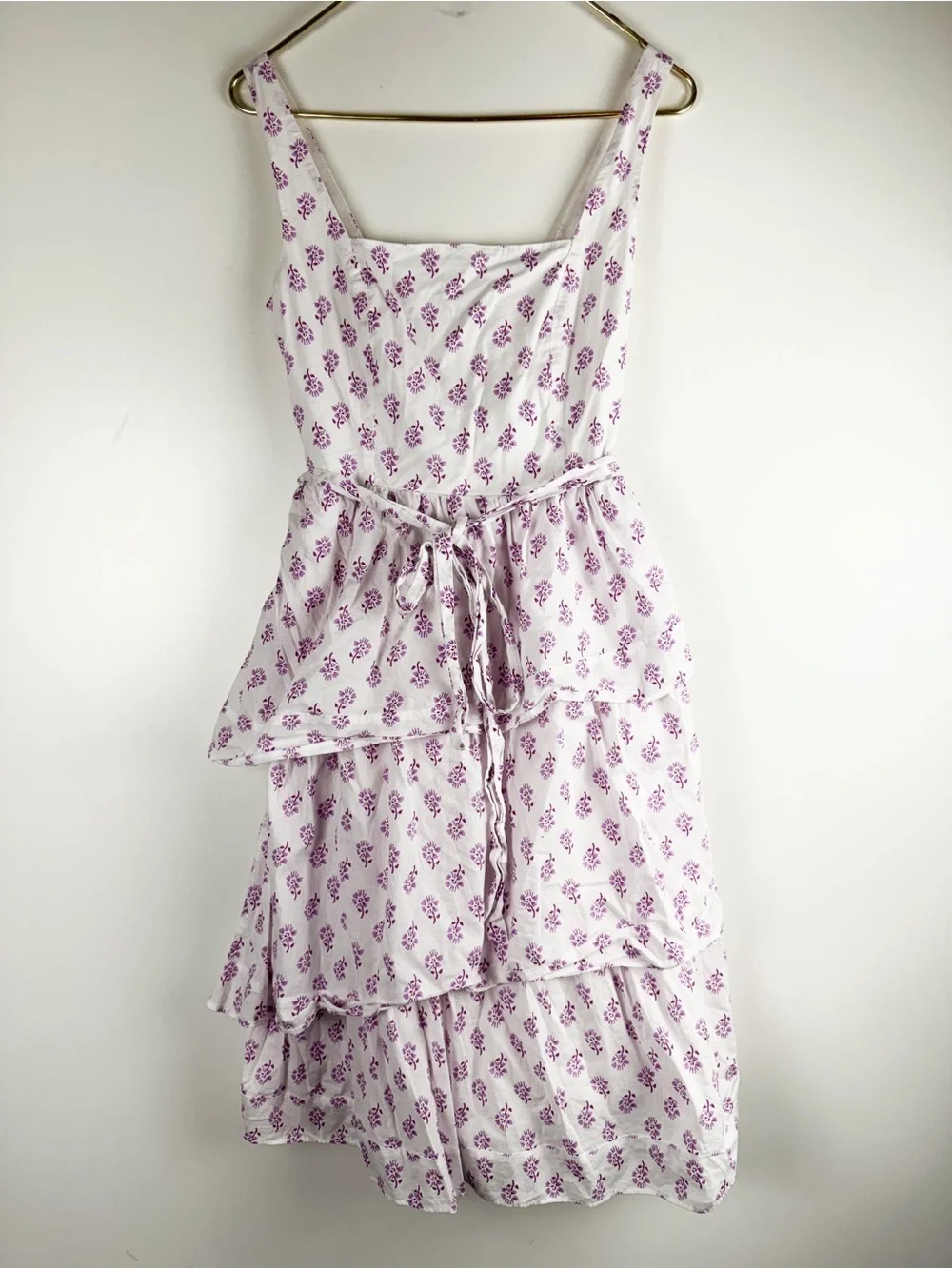 J.Crew Boho White Purple Floral Cotton Tiered Ruffle Mini Dress Tie Waist